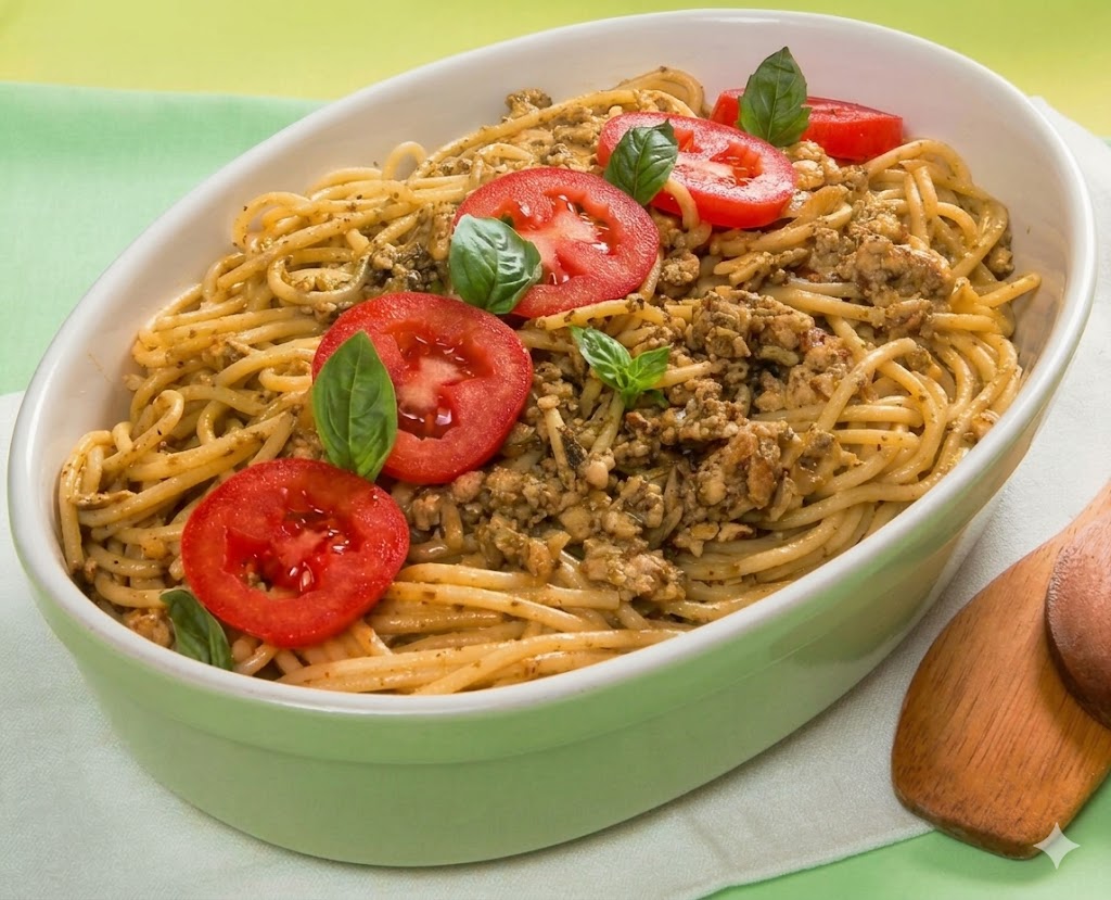 Espagueti con pollo al pesto