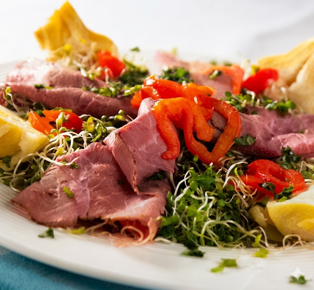 Ensalada de pastrami y fondo de espinaca