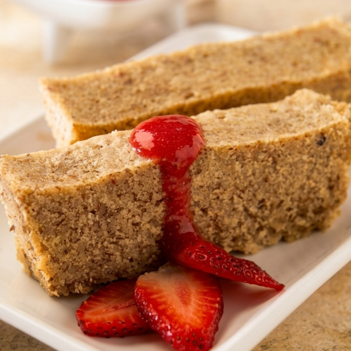 Pastel de nuez con salsa de fresa