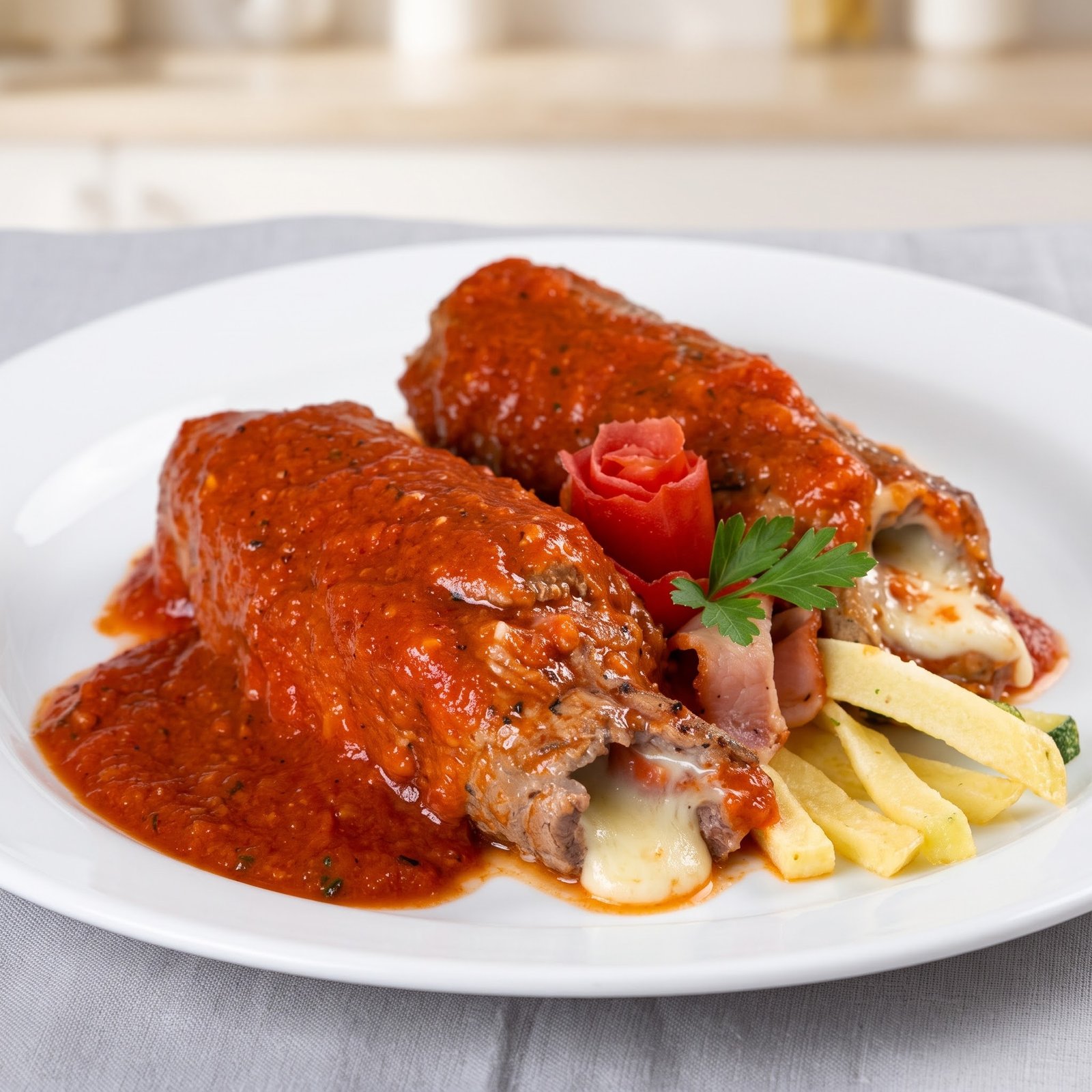 Rollitos de res en salsa de jitomate asado